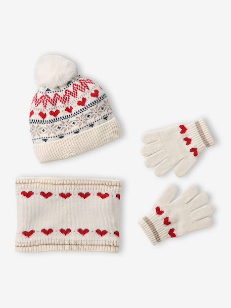 Girls' hat, snood and mittens set ecru 