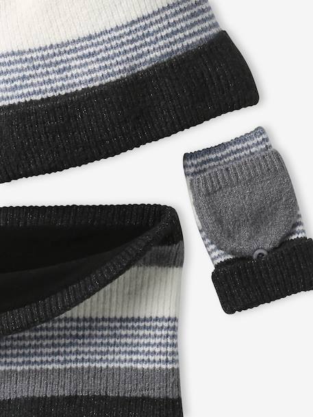 Striped Beanie + Snood + Gloves Set for Boys BLUE DARK TWO COLOR/MULTICOL+grey 