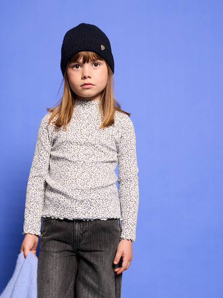 Long-sleeved roll-neck top for girls ecru+green 