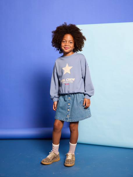 Crewneck sweatshirt with long sleeves for girls chambray blue+marl grey 