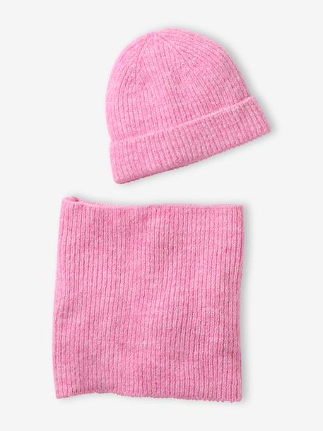 Knitted hat and snood set for girls fuchsia 