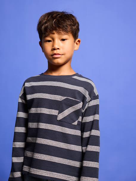 Long-Sleeved T-Shirt with Striped Effect for Boys navy blue+striped white 