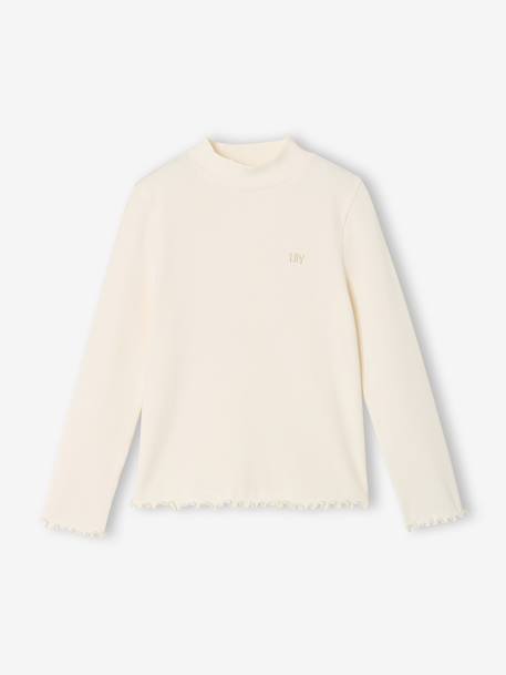 Roll-neck top for girls ecru+old rose 