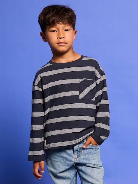 Long-Sleeved T-Shirt with Striped Effect for Boys navy blue+striped white 