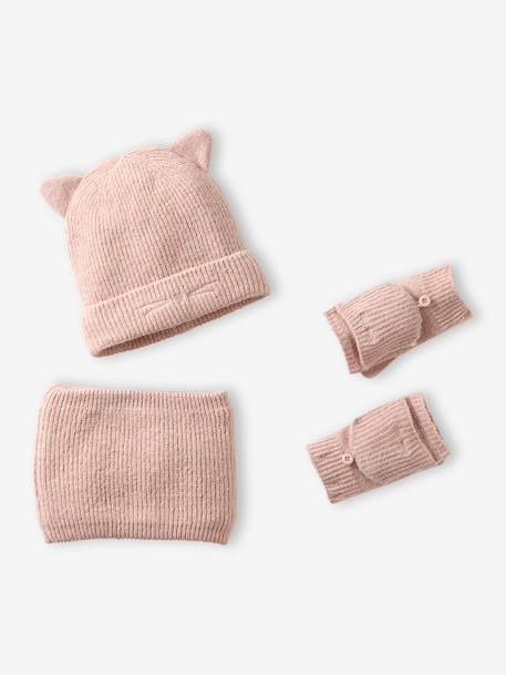 Hat, snood and mitten set for girls sand beige 