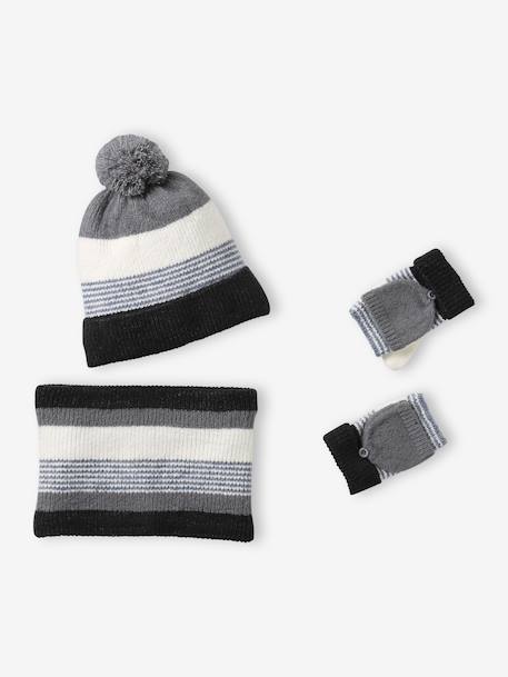 Striped Beanie + Snood + Gloves Set for Boys BLUE DARK TWO COLOR/MULTICOL+grey 