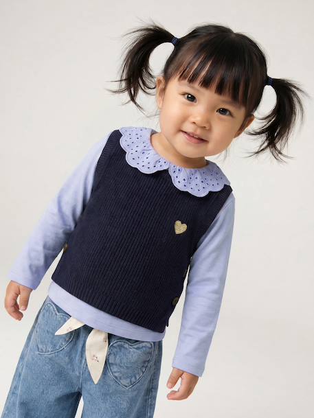 Sleeveless jumper for babies ecru+navy blue+rosy 