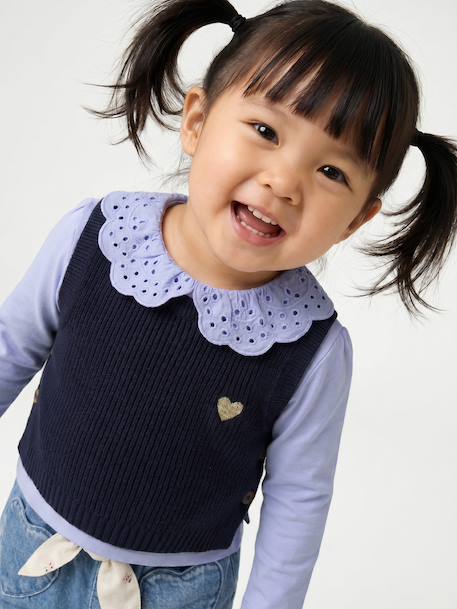 Sleeveless jumper for babies ecru+navy blue+rosy 