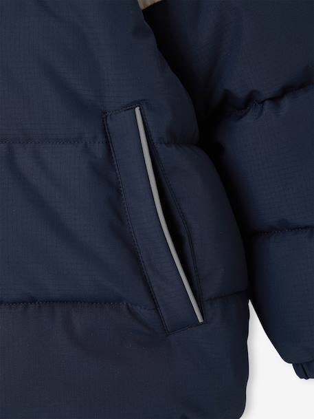 Hooded puffer jacket for boys blue+rust 