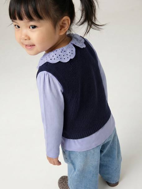 Sleeveless jumper for babies ecru+navy blue+rosy 
