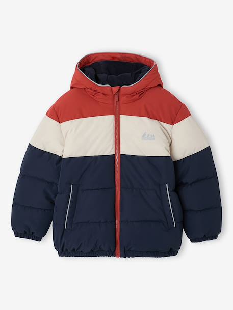 Hooded puffer jacket for boys blue+rust 