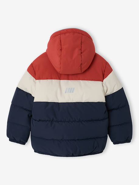 Hooded puffer jacket for boys blue+rust 
