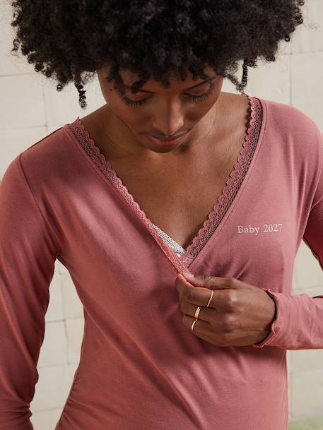 Set of 2-piece organic cotton* maternity and nursing pyjamas old rose 