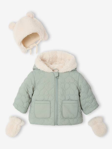 Puffer jacket with hat and mittens for baby girls sage green 