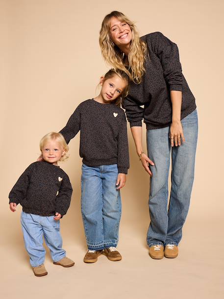 Leopard-print sweatshirt with heart motif for girls, from the Mum and Daughter collection, ENVIE DE FRAISE beige+dark grey 