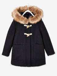 Girls-Hooded Duffel Coat with Toggles, in Woollen Fabric, for Girls