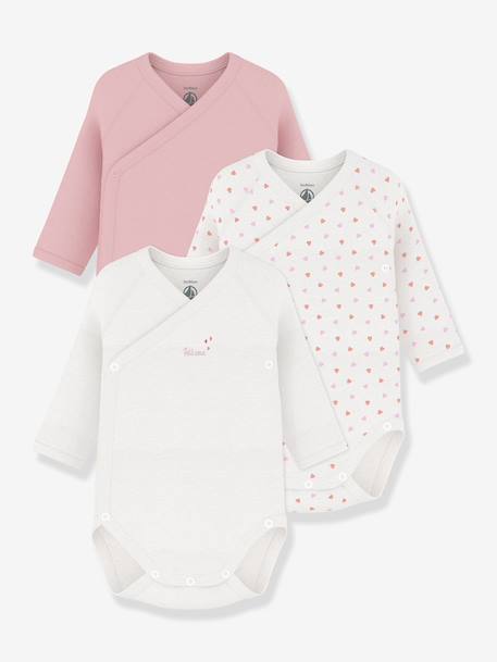 Pack of 3 wrapover long-sleeved baby bodysuits by PETIT BATEAU rose 