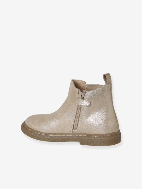 Leather zip-up ankle boots for kids brown+golden yellow 
