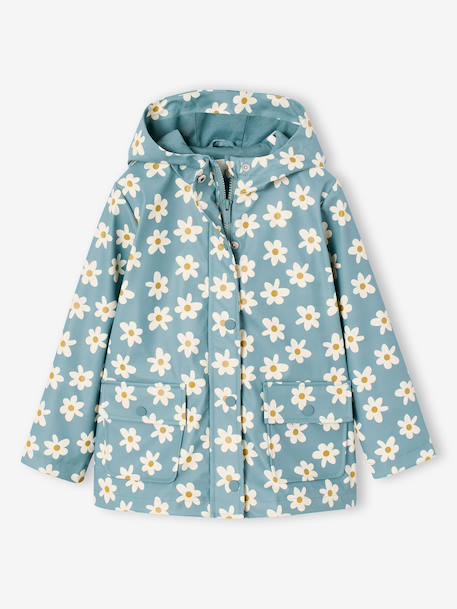 Printed hooded raincoat for girls green+multicoloured+navy blue+vanilla 