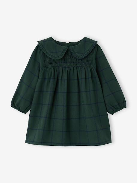 Baby dress in gingham flannel green+terracotta 