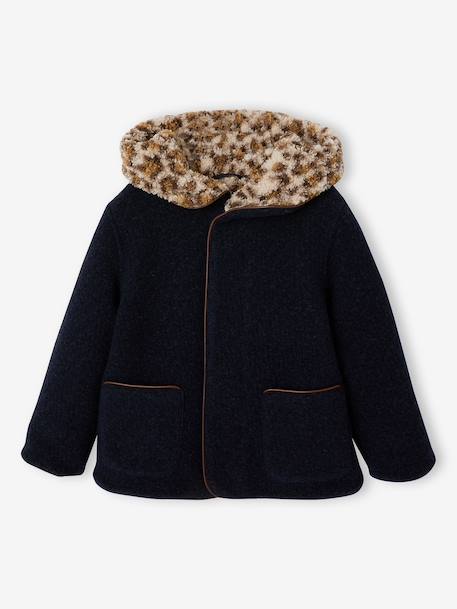 Hooded coat for girls camel+navy blue 