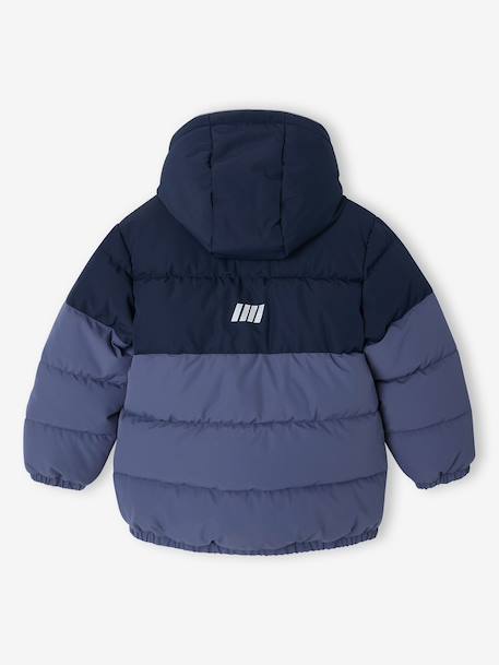Hooded puffer jacket for boys blue+rust 