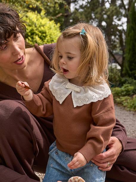Long-sleeved jumper for baby girls mauve+mocha 