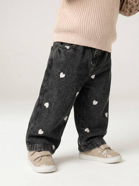 Wide-leg jeans with small embroidered hearts denim grey+double stone+stone 