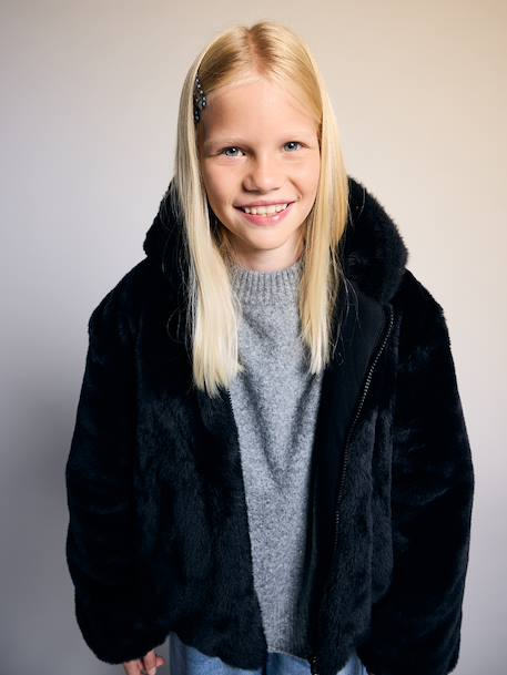 Faux fur jacket for girls black 