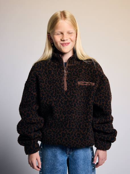 Sherpa sweatshirt with zipped high neck for girls chocolate 
