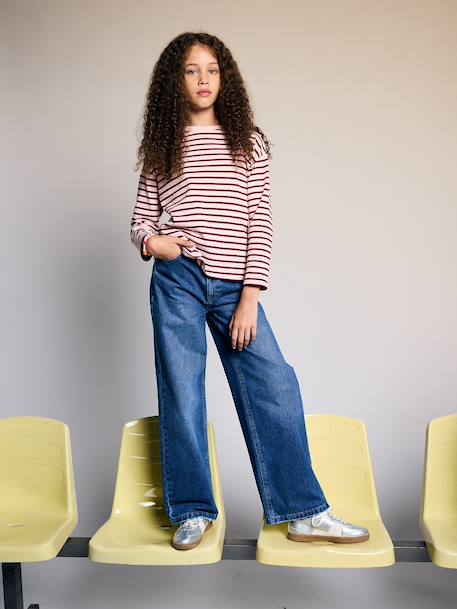 Long-sleeved striped T-shirt for girls dusky pink+ecru 