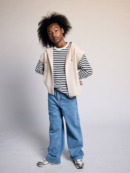 Long-sleeved striped T-shirt for girls dusky pink+ecru 