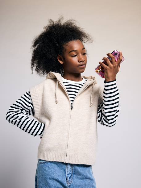 Sleeveless hooded zip-up cardigan for girls beige 