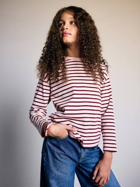 Long-sleeved striped T-shirt for girls dusky pink+ecru 