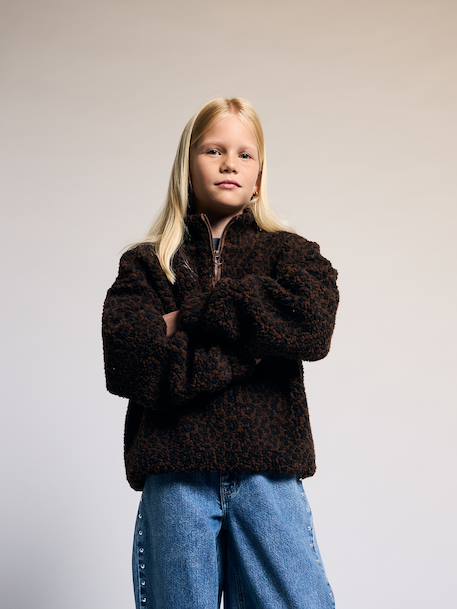 Sherpa sweatshirt with zipped high neck for girls chocolate 