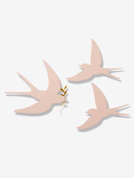 Set of 3 Wall Swallows BROWN LIGHT SOLID+Light Pink 