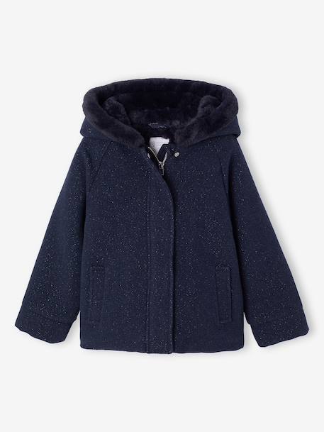 Woollen Fabric Coat with Hood marl beige+navy blue 