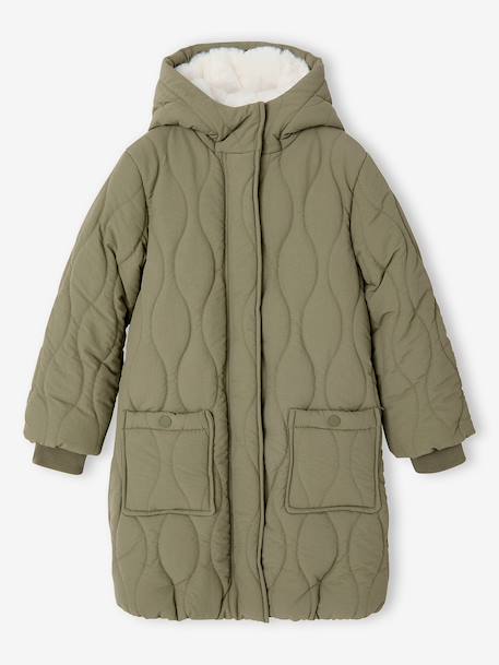 Long Lightweight Jacket with Hood & Faux Fur Lining, for Girls black+khaki 