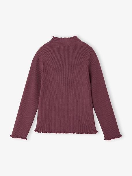 Knitted roll-neck top for girls plum+taupe 
