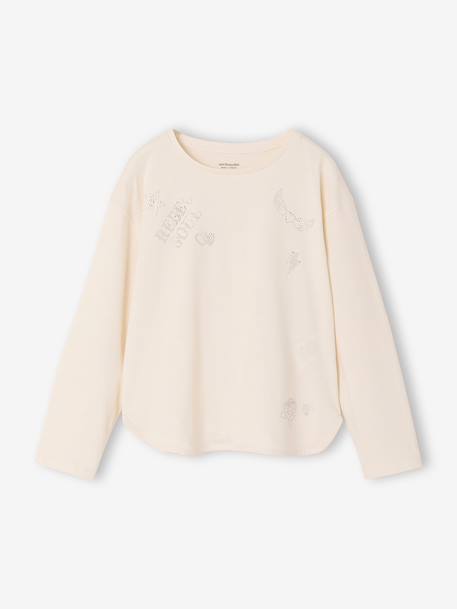 Long-sleeved T-shirt with rhinestone detail for girls ecru 