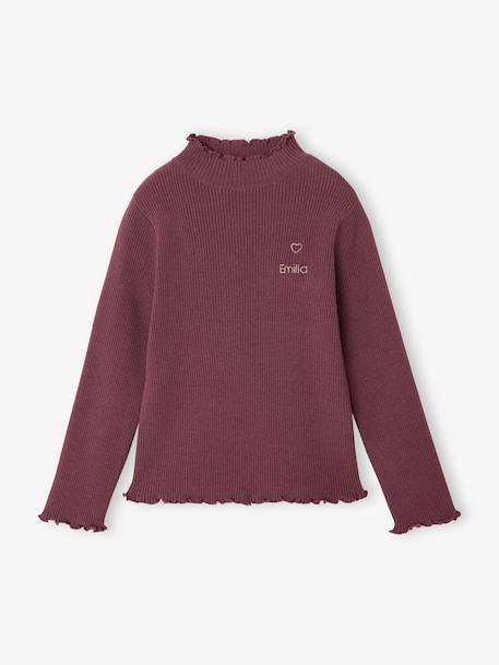 Knitted roll-neck top for girls plum+taupe 