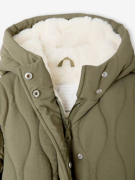 Long Lightweight Jacket with Hood & Faux Fur Lining, for Girls black+khaki 