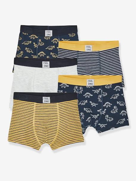 Pack of 5 Stretch Boxer Shorts, Dino, for Boys Dark Blue/Print 