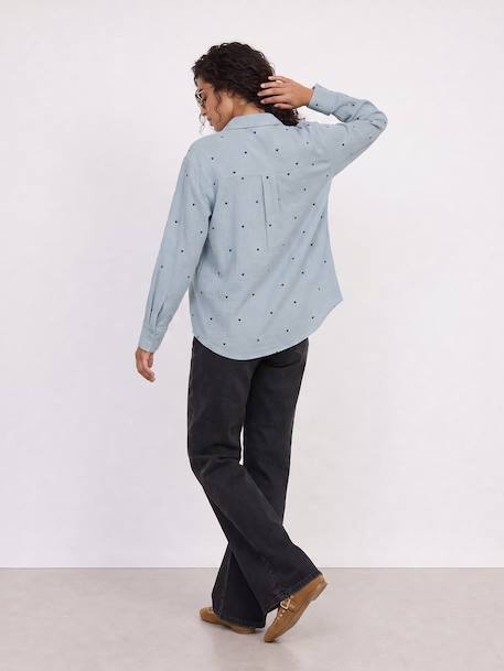 Embroidered Cotton Muslin Shirt, Maternity & Nursing chambray blue+white 