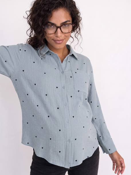 Embroidered Cotton Muslin Shirt, Maternity & Nursing chambray blue+white 