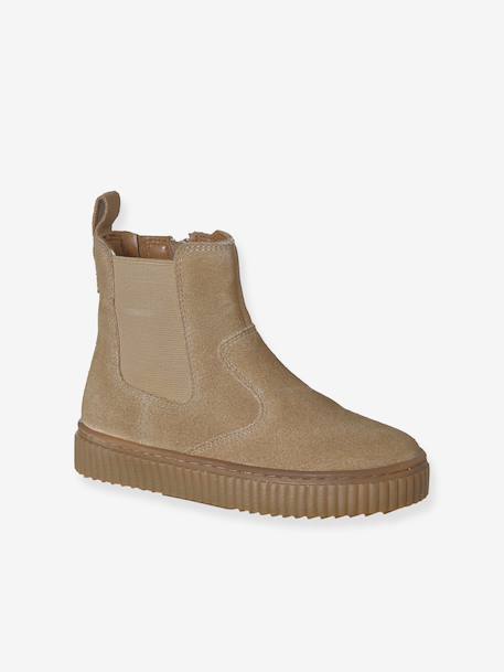 Leather Chelsea Boots with Elastic & Zip for Boys beige+navy blue 