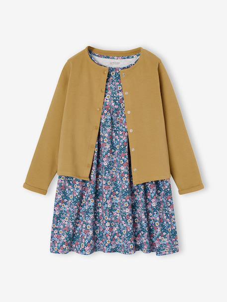 Dress & Jacket Outfit with Floral Print for Girls camel+grey green+navy blue+pale yellow 