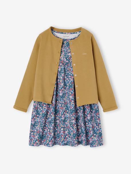 Dress & Jacket Outfit with Floral Print for Girls camel+grey green+navy blue+pale yellow 