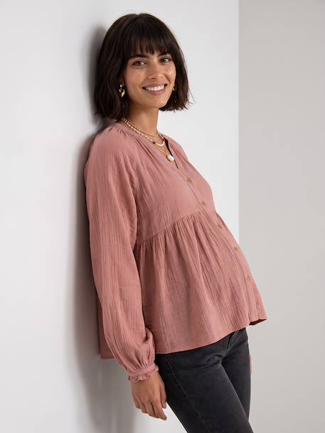 Blouse in Organic Cotton Gauze* for Maternity & Nursing dusky pink+sage green 