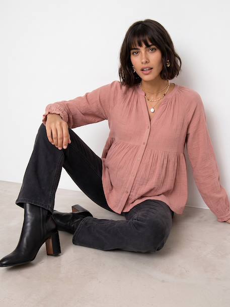 Blouse in Organic Cotton Gauze* for Maternity & Nursing dusky pink+sage green 